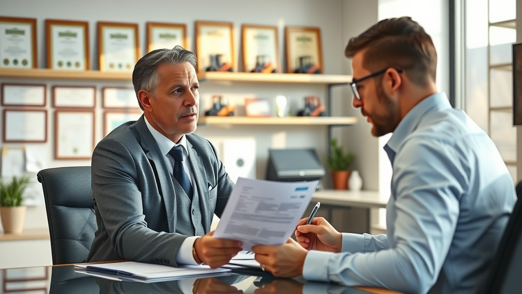 lender reviewing forklift equipment financing approval criteria with business client, forms and certificates visible