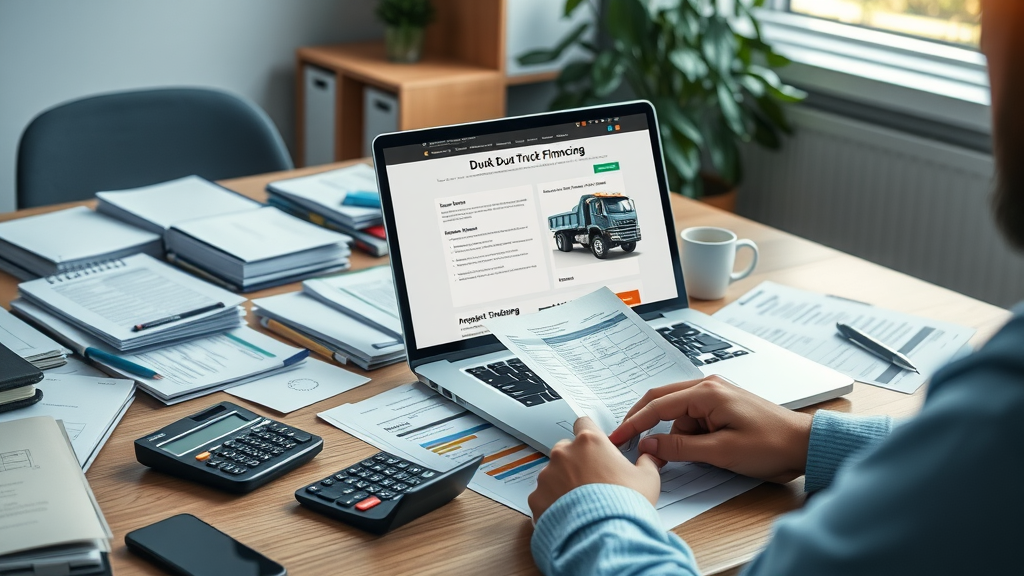 Organized office desk with dump truck financing documents, application portal open, reviewing dump truck loan paperwork, modern business office