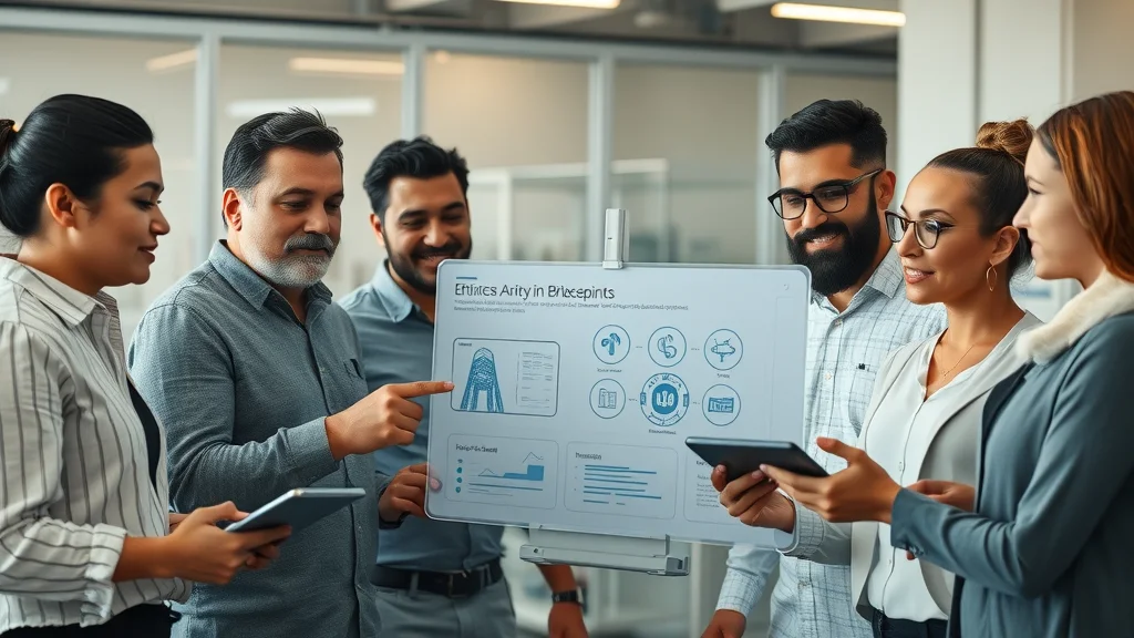 Diverse team collaborating over AI blueprints and ethical principle icons in innovation lab