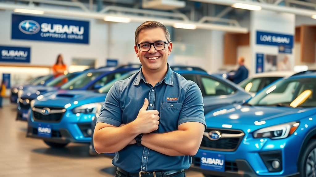 Proud Subaru Love Promise champion at dealership with Subaru and love promise displays