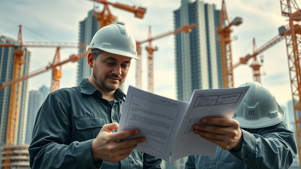 construction site with cranes and workers reviewing financial documents, crane equipment financing