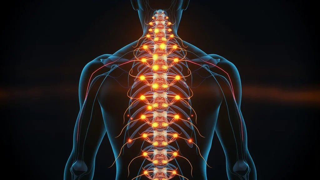 3D visualization of spinal nerve impulses traveling along the nerves in the back to illustrate nerve function for a back nerves chart.