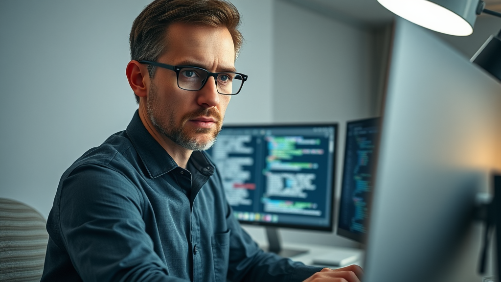Serious IT professional conducting a technical SEO website audit with dual monitors and clean, focused workspace. Neutral tones and high-tech feel.