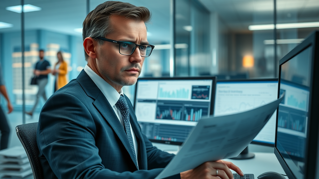 concerned business analyst reviewing multiple cash advance data in corporate office with glass walls, city view, and motion blur of passing people