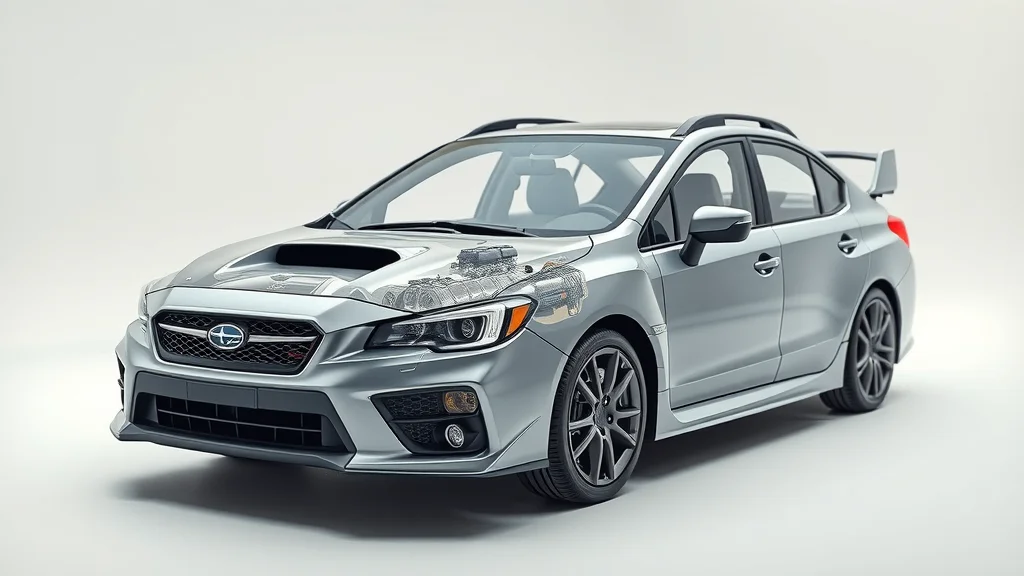 Cutaway visualization of a modern Subaru showing Boxer engine's low placement, bright studio background, focus on safety benefit with labeled structure, advanced realism, metallic details.