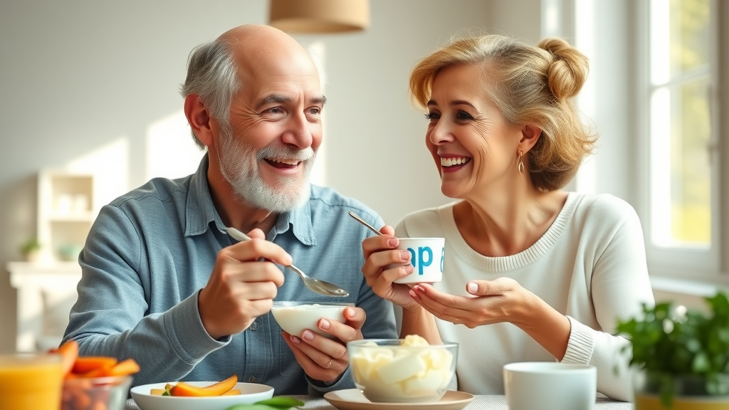 healthy senior couple smiling while enjoying probiotic yogurt together, gut health and immune system support with dairy products