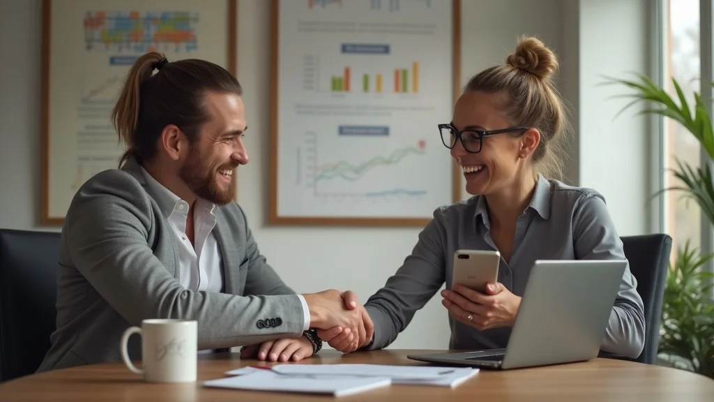 CPA sending effective email campaign to a smiling client on various devices, reflecting strong client relationship in accounting