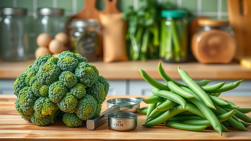Comparison of broccoli and string beans side by side on a kitchen countertop with labeled utensils
