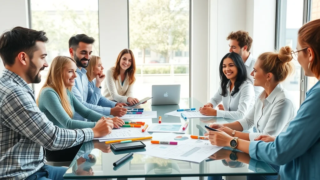 business english marketing team—Collaborative marketing professionals brainstorming ideas at a glass table, open agency setting.