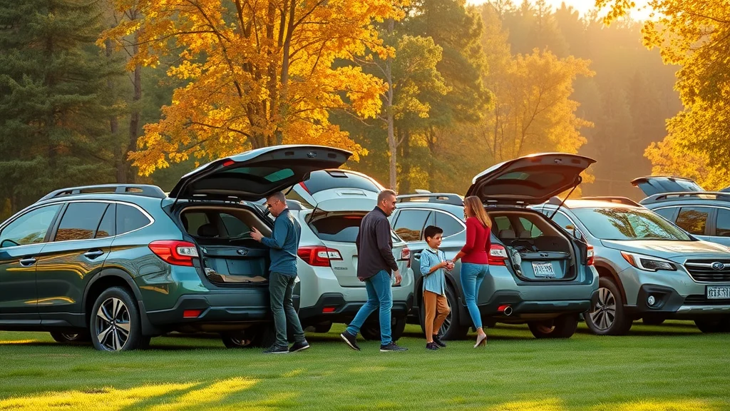 Row of 4 Subaru models parked in an Ohio park: Ascent, Outback, Forester, Crosstrek, inviting family-friendly vibe, autumn trees, diverse families, photorealistic golden hour sunlight
