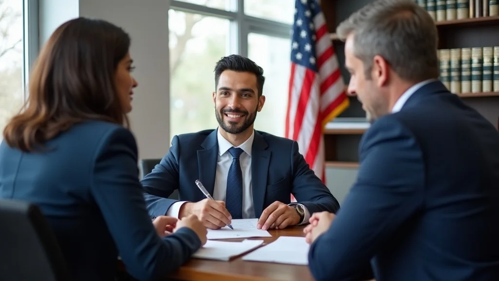 Reliable immigration attorney discussing green card file with a couple in a professional setting