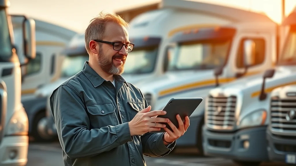 Fleet maintenance supervisor checks proactive service alerts using a trucking management software solution beside well-maintained trucks