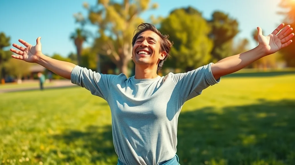 joyful recovery after chiropractic care in sacramento ca, person celebrating pain relief in Sacramento park, stretching arms, confident posture