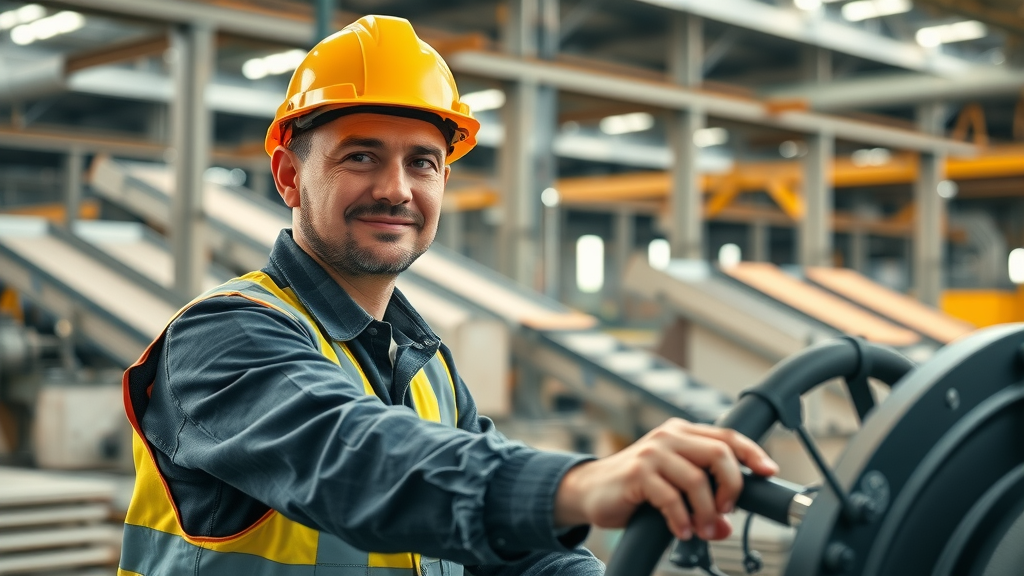 Construction worker operating crushing equipment at aggregate equipment leasing site with conveyors and machines in background, industrial site with conveyors and screens.