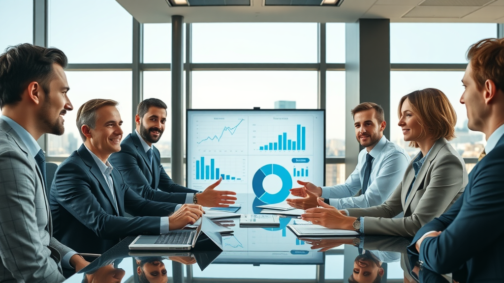 Corporate boardroom meeting for equipment financing & leasing companies in New York. Confident executives, collaborative discussion, financial reports and asset management visuals in the background.