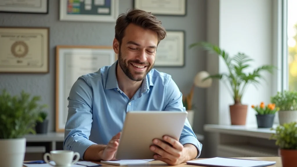 CPA advisor using a tablet for a video call, home office with finance-themed décor. Social media platform engagement for accountants.