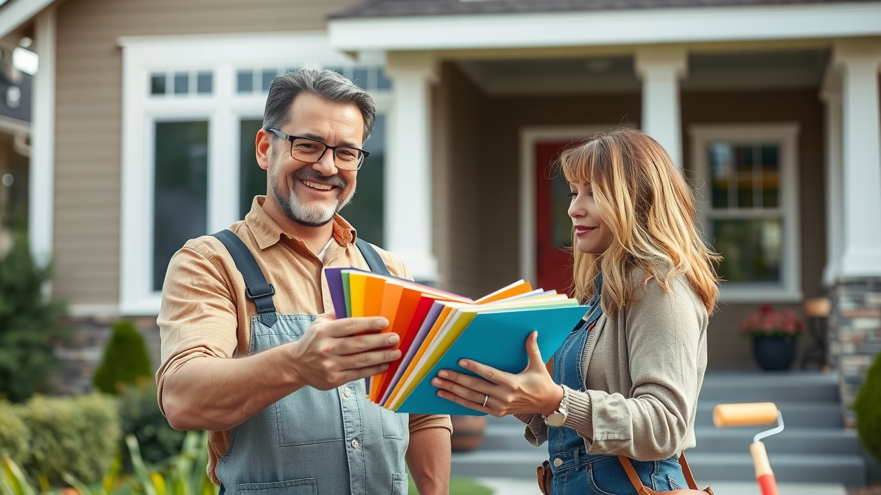 cheerful minneapolis painting contractor and homeowner discussing color samples, representing interior house painters minneapolis customer service
