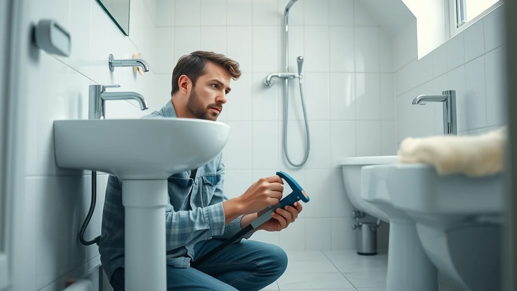 Plumber fixing pipes under a bathroom sink in Orlando
