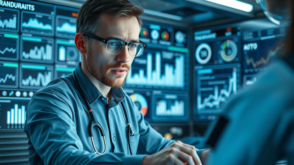 Analyst tracking ROI and success of online marketing and digital marketing campaigns in a high-tech command center
