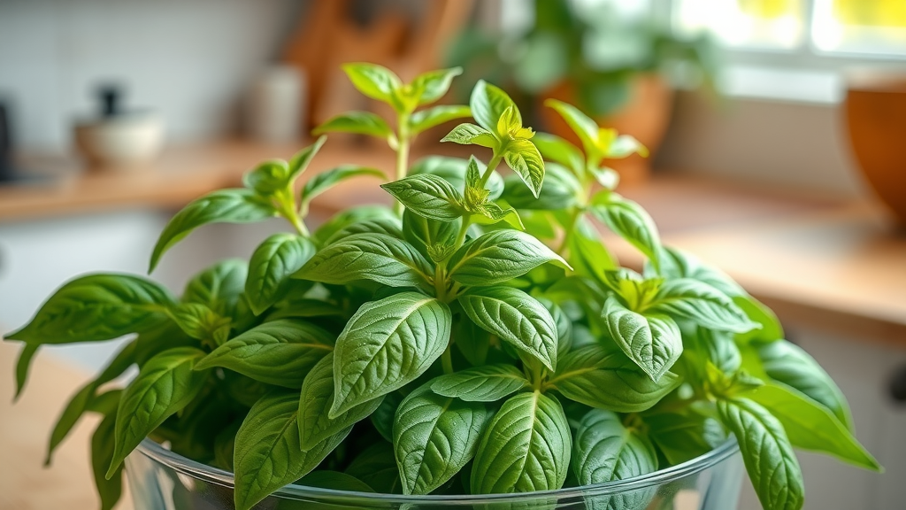 Fresh holy basil leaves in a glass bowl on a kitchen counter, new study reveals holy basil can reduce cortisol levels by 36% in just 40 minutes