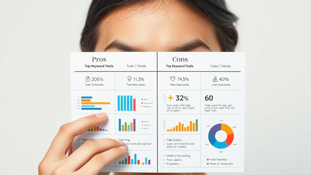 Minimalist comparison chart highlighting pros and cons of top keyword research tools for small business