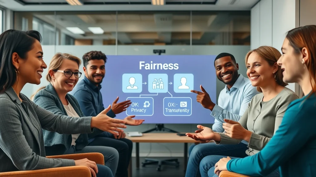 Diverse group collaborating on AI ethics principles like fairness, privacy, inclusivity, explainability