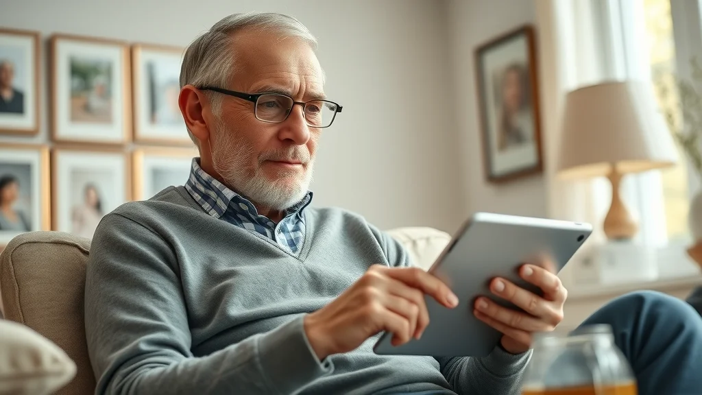 Senior reviewing retirement account online, planning tax-efficient distributions for compounding savings