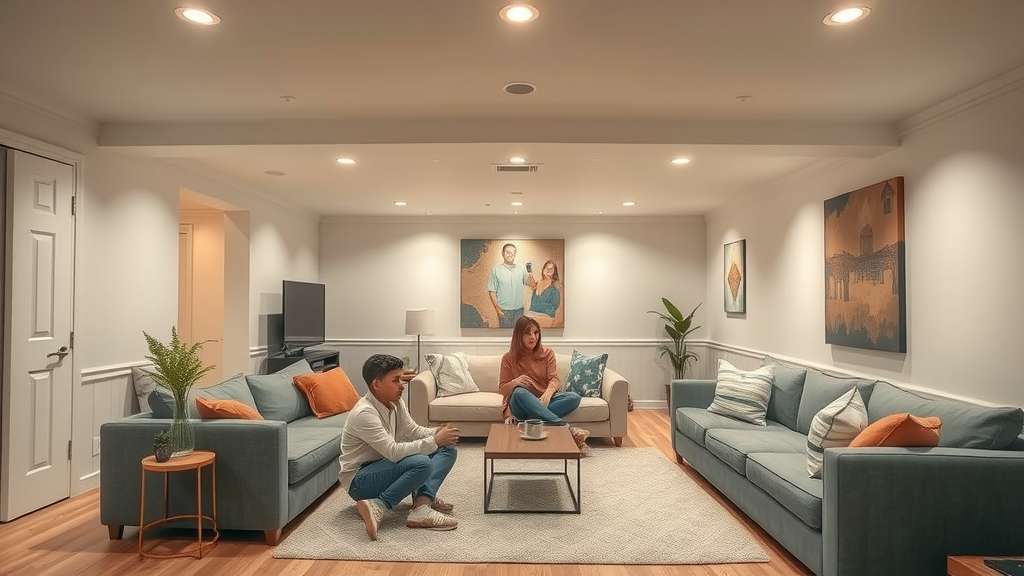 modern finished basement with fresh drywall, painted walls, and cozy living space after basement drywall repair