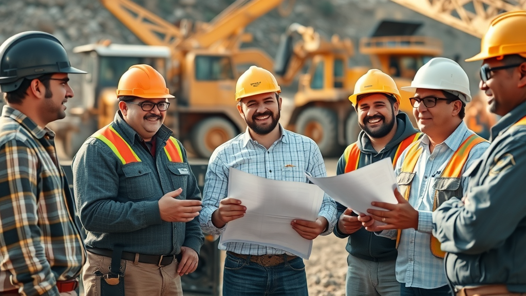 Construction and mining professionals discussing aggregate equipment leasing options and reviewing blueprints on an industrial job site.