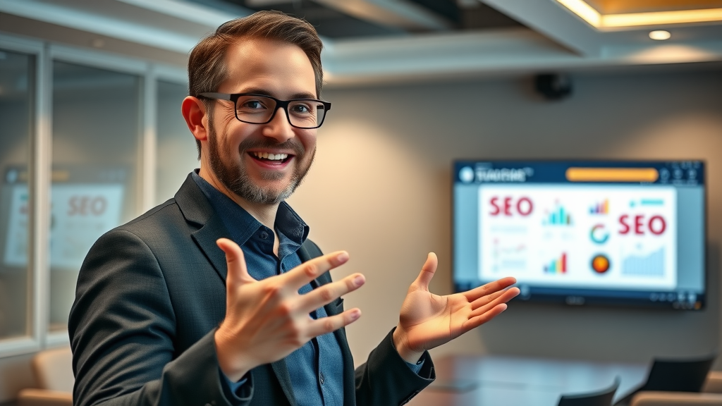 Confident digital marketing expert presenting SEO company strategies in a modern conference room. Vibrant, educational atmosphere.