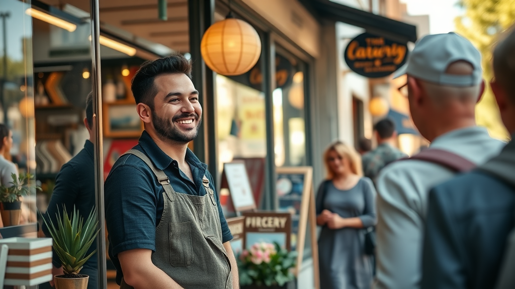 Inspirational small business storefront attracting more customers, cheerful entrepreneur, lively customer interactions on busy main street