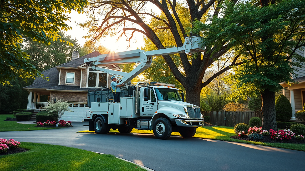 Professional tree service team uses equipment in Ledgewood, NJ yard