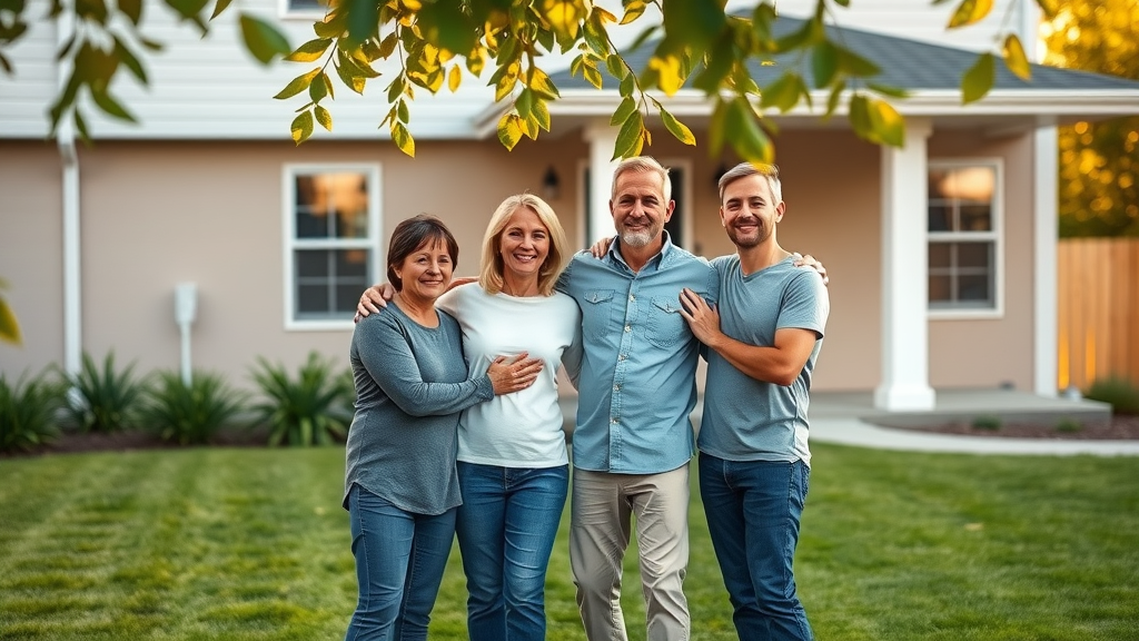 Happy family in front of home after repiping upgrade for safe plumbing.