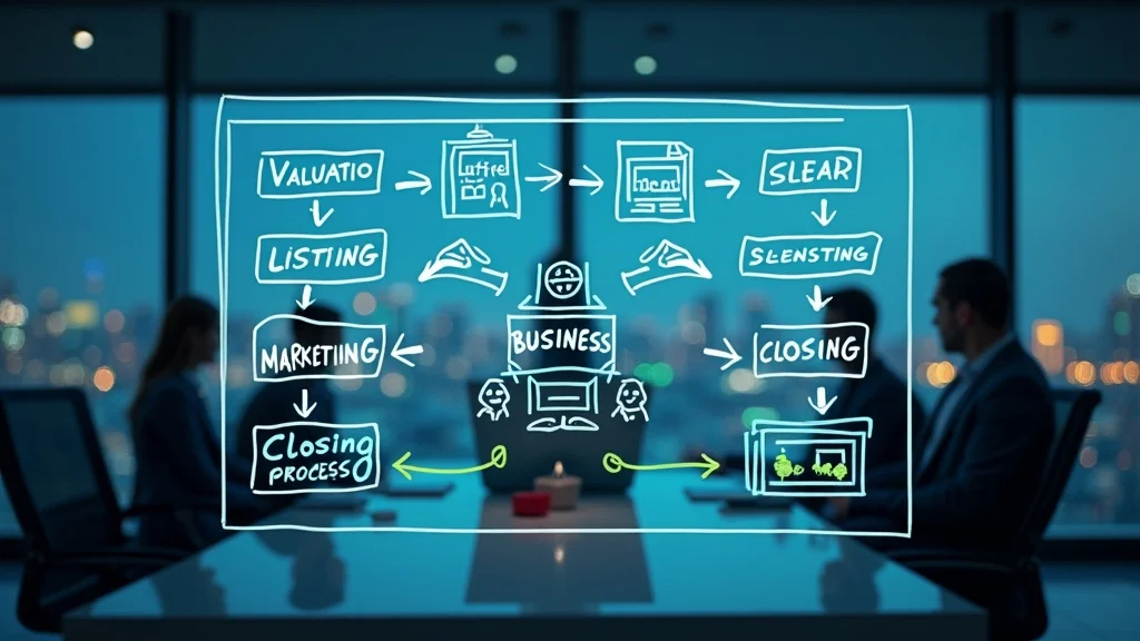 Business sales process Boston flowchart outlining the key steps from business valuation to closing on a modern glass board.