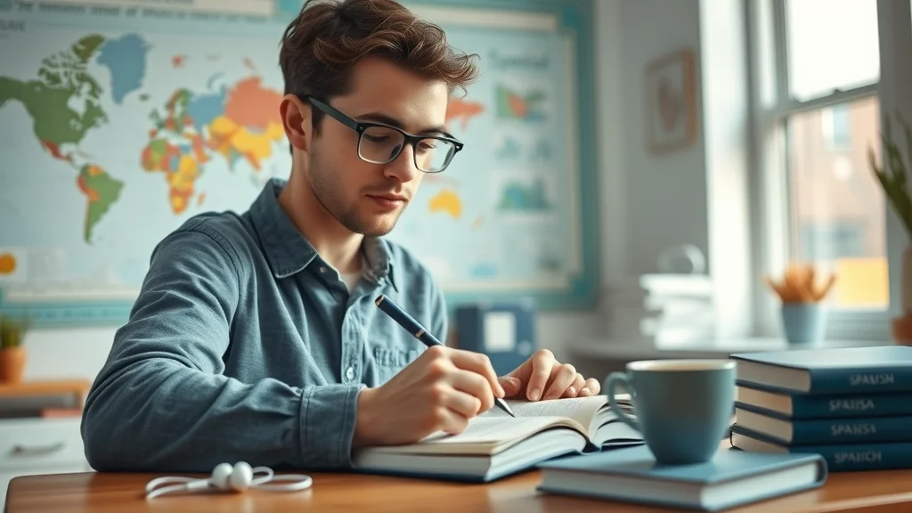 Solo language learner focused on learning Spanish phrases for fluency with headphones and notebook