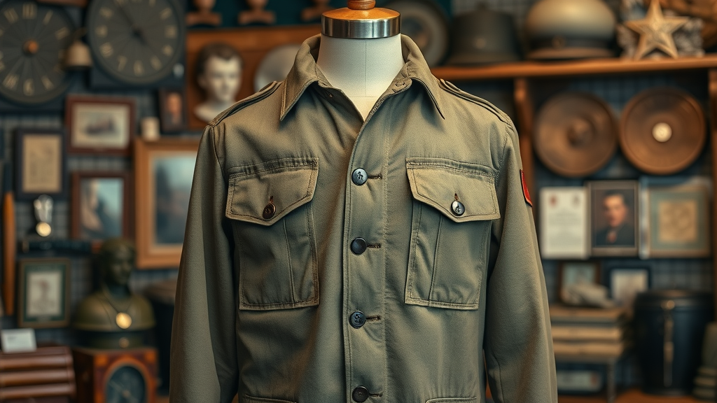 Historical army surplus jacket displayed in an antique store setting, captured with soft ambient lighting and muted earth tones for a vintage aesthetic.