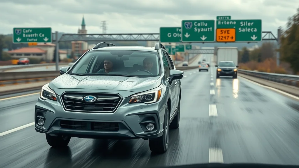 Dynamic scene of Subaru SUV driving safely on wet Ohio highway demonstrating EyeSight Driver Assist Technology, motion blur and rain droplets with attentive driver, photorealistic muted blue gray palette.