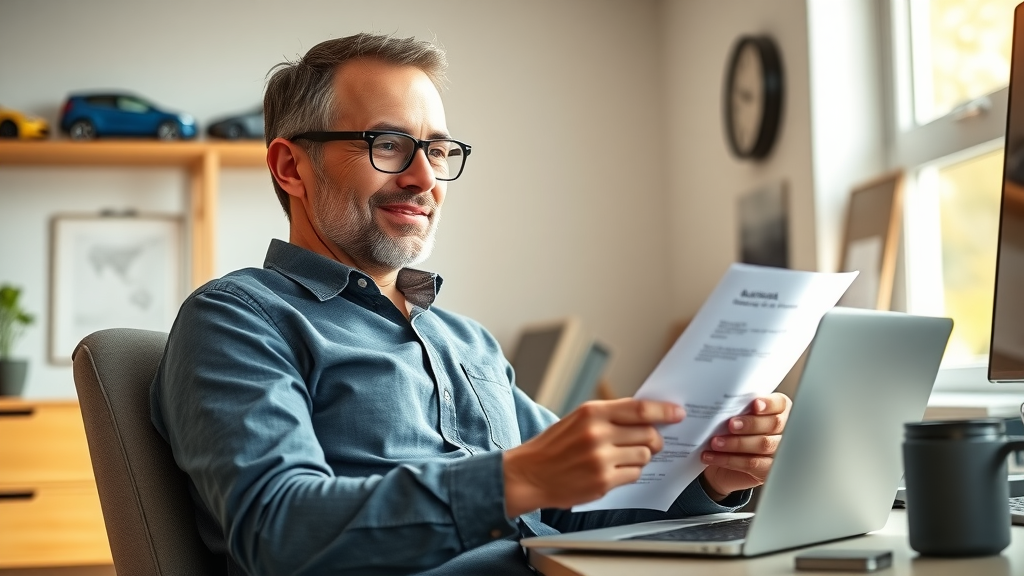 Confident Subaru owner reviewing documents at home, demonstrating knowledge of Subaru advantage and equity shield