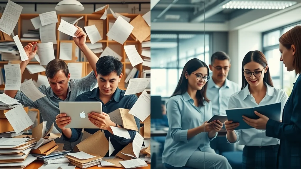 Split-screen of professional services office: one half with stressed team and paperwork, one half with AI-powered digital workflow and calm, efficient team.