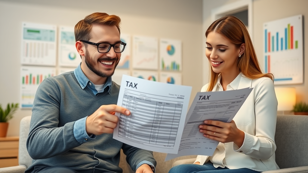tax credits financial advisor explaining tax documents smiling young couple