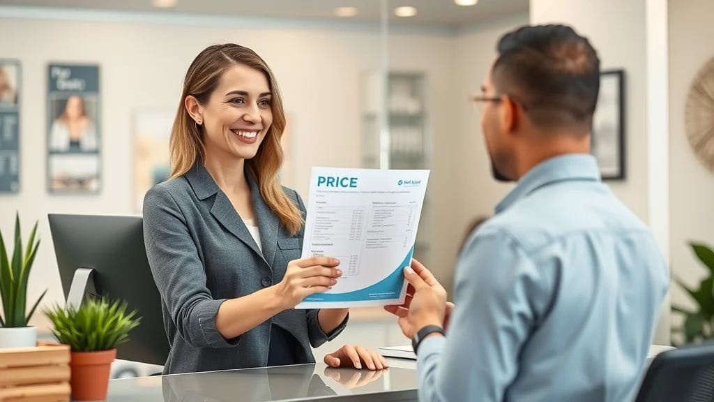 Transparent pricing at emergency chiropractor near me—receptionist offering price list to new patient