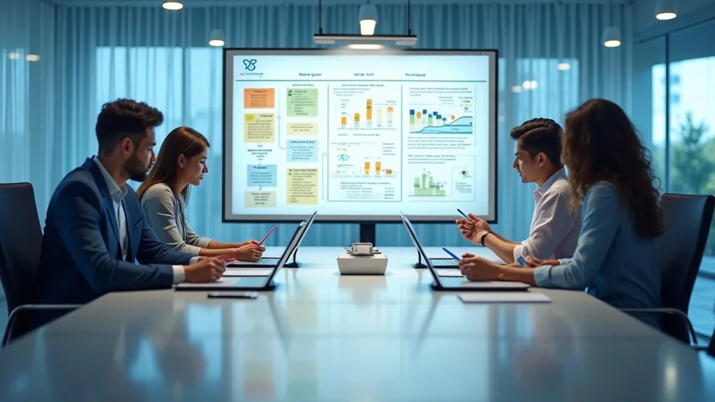 Efficient team reviewing automated workflow charts on tablets and whiteboard - strong internal processes for scaling your marketing