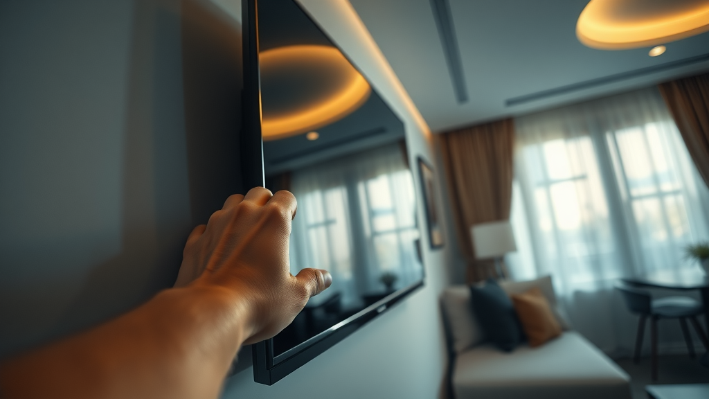 Close-up of a slanted TV on a wall, perspective view