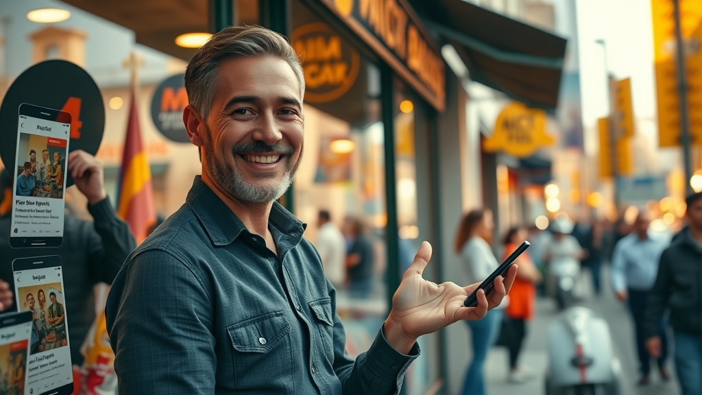 Small business storefront with digital ads displayed on devices, owner confident about online advertising