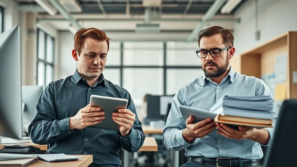 trucking management software vs traditional methods photorealistic office with digital and paper systems