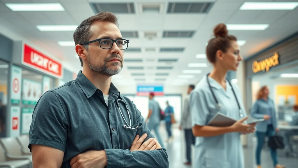 Patient comparing choices: ER, urgent care, emergency chiropractor near me in bright medical building