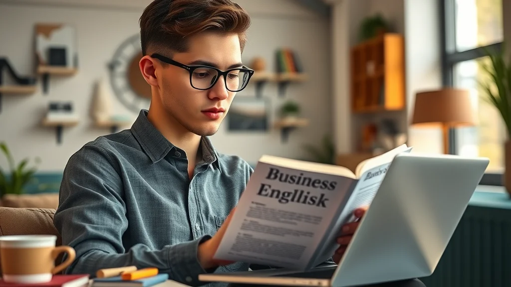 learning business english—a motivated professional taking notes with business textbooks in a coworking space.