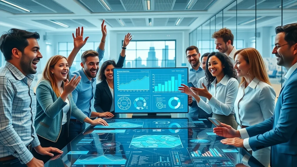 machine learning in professional services collaborative office with AI interfaces and digital charts, diverse professionals, modern high-tech setting, photorealistic