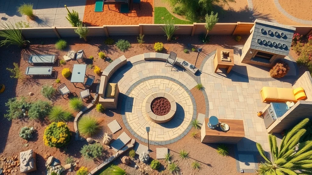 Arizona hardscape showcase including patios, fire pit, retaining walls, walkways, and outdoor kitchen.