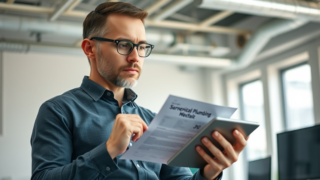 Facility manager reviewing commercial plumbing service contracts, comparing proposals for plumbing services